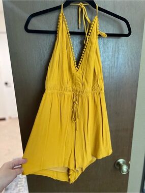 Forever 21 Mustard Yellow Crochet-Trim Halter Romper